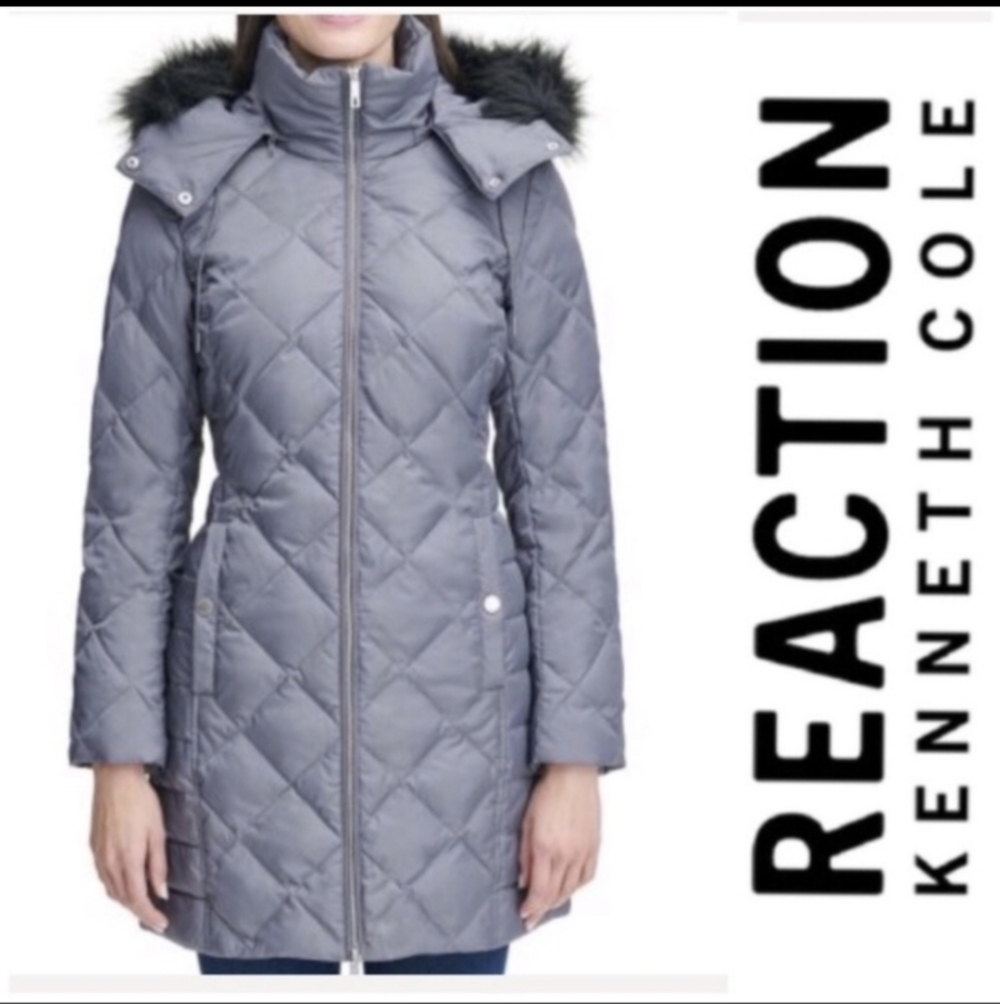 Kenneth Cole Reaction Womens Removable Hooded Faux-Fur Down Quilted Coat